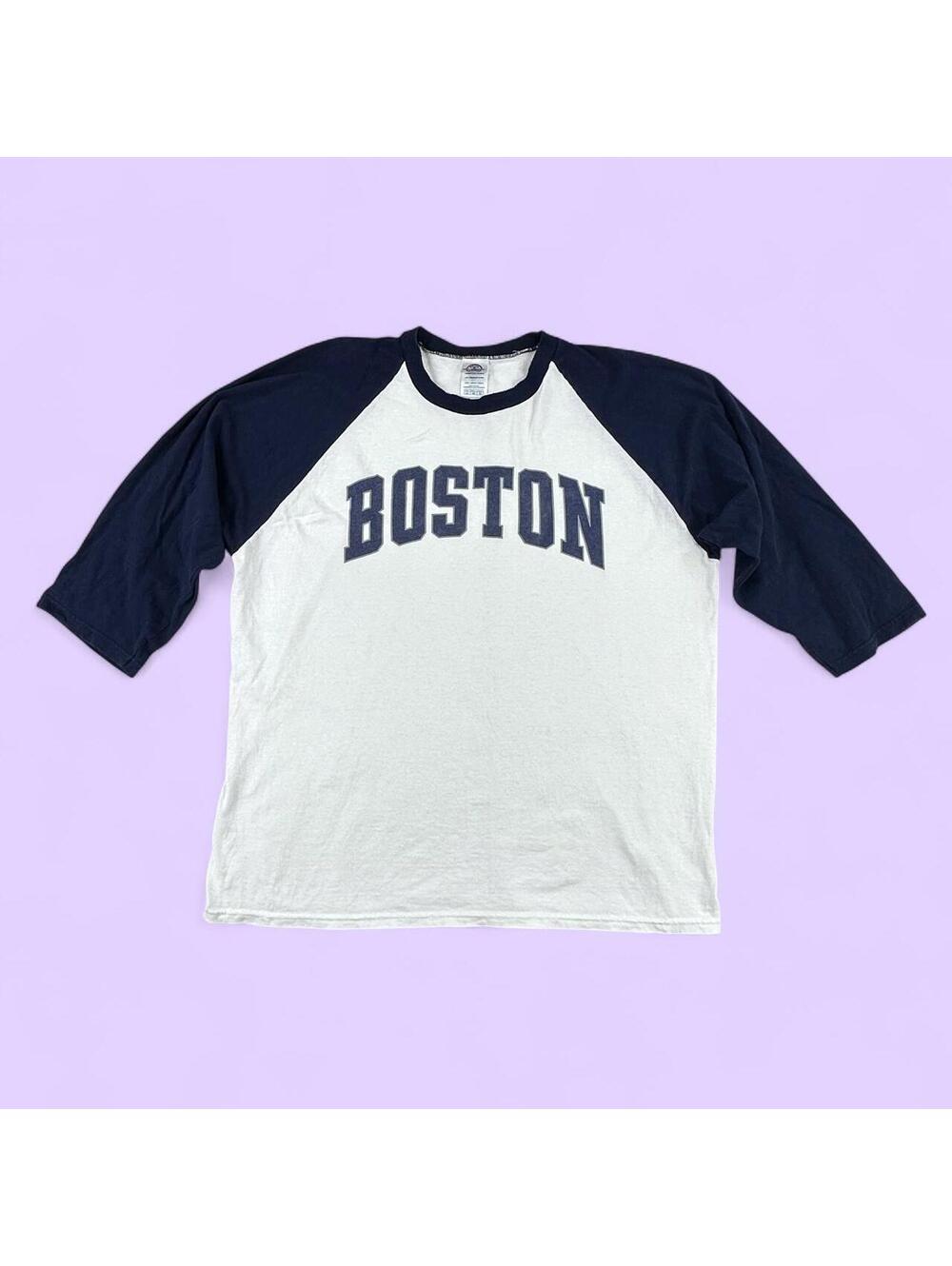 2000's 'Boston' Raglan Navy Sleeve Delta Pro Weight White T-Shirt - XL